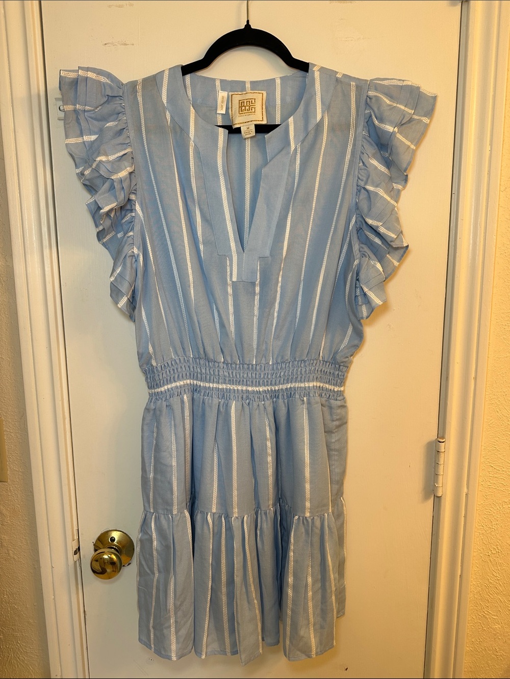 Emily McCarthy Light Blue & White Striped Ruffle Sleeve Dress